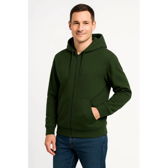 Erkek Üç İplik Kapüşonlu Tam Fermuarlı Kanguru Çepli weathirt Hoodie  Haki
