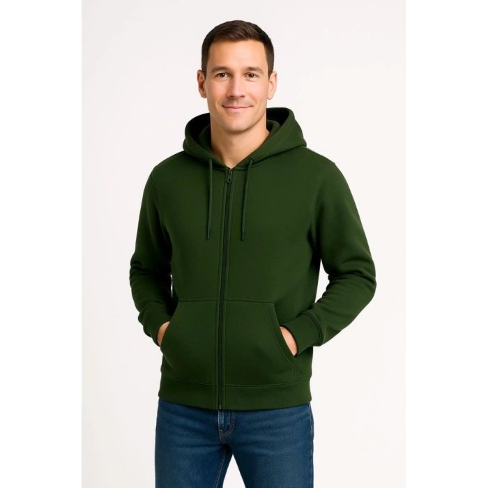 Erkek Üç İplik Kapüşonlu Tam Fermuarlı Kanguru Çepli weathirt Hoodie  Haki