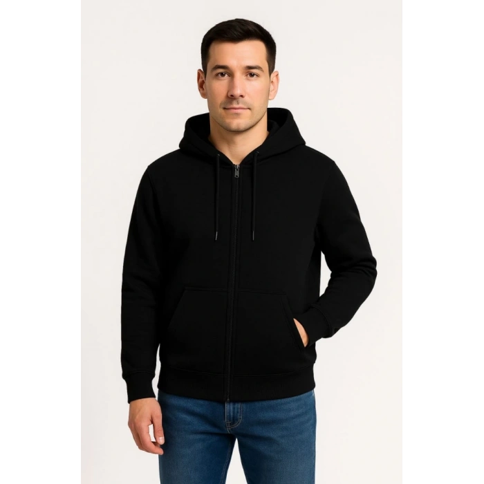 Erkek Üç İplik Kapüşonlu Tam Fermuarlı Kanguru Çepli weathirt Hoodie  iyah