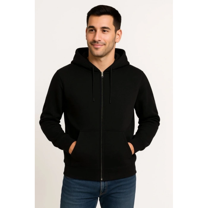 Erkek Üç İplik Kapüşonlu Tam Fermuarlı Kanguru Çepli weathirt Hoodie  iyah