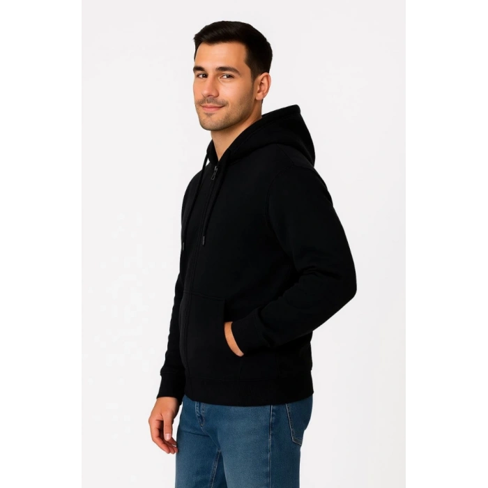 Erkek Üç İplik Kapüşonlu Tam Fermuarlı Kanguru Çepli weathirt Hoodie  iyah