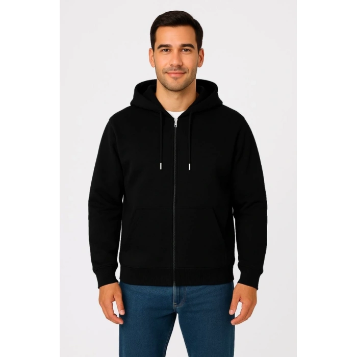 Erkek Üç İplik Kapüşonlu Tam Fermuarlı Kanguru Çepli weathirt Hoodie  iyah