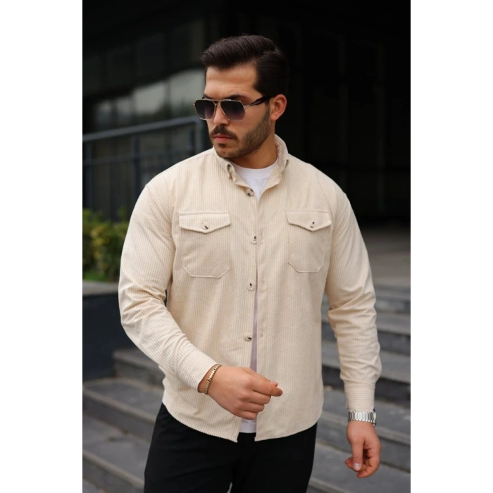 Erkek Uzun Kollu Cepli Kadife Gömlek