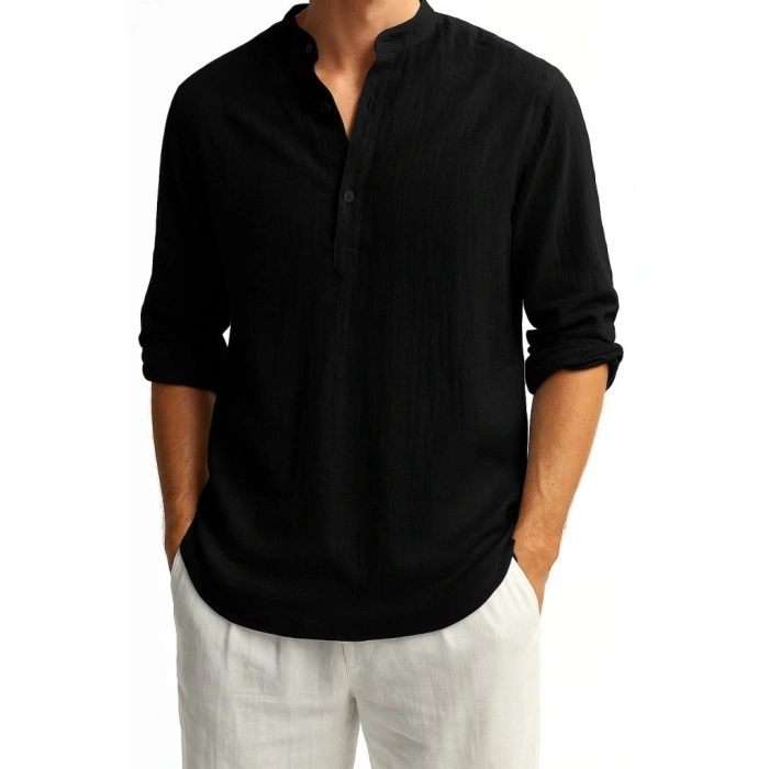 Erkek Uzun Kollu Hakim Yaka Düğmeli Erkek Müslim Gömlek