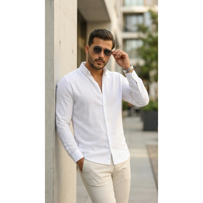 Erkek Uzun Kollu Rahat Keten Gömlek