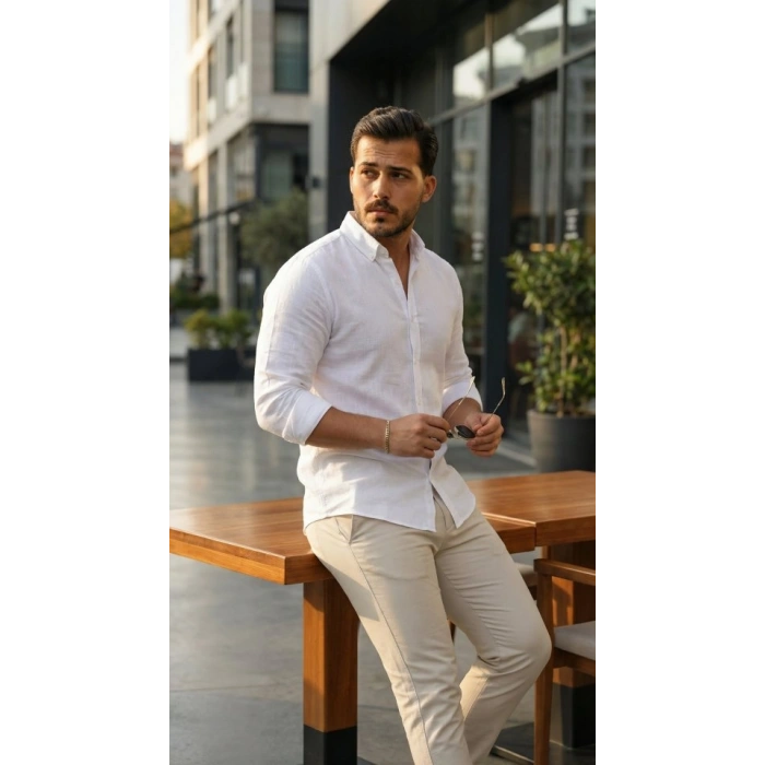 Erkek Uzun Kollu Rahat Keten Gömlek