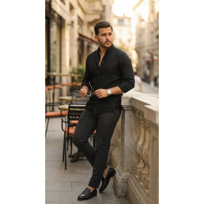 Erkek Uzun Kollu Rahat Keten Gömlek