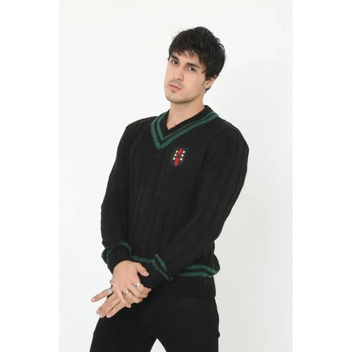 Erkek V Yaka Örgülü Kazak  Siyah