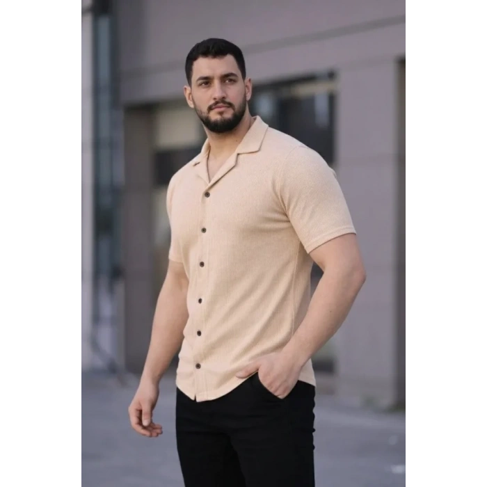 Erkek Waffle Kumaş Kısa Kollu Düğmeli Açık Yaka Regular Fit Gömlek  Bej
