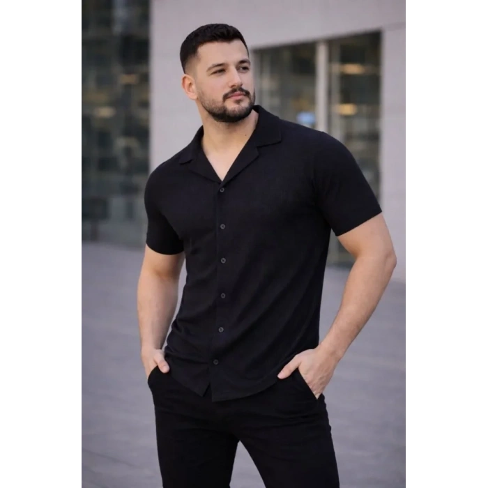 Erkek Waffle Kumaş Kısa Kollu Düğmeli Açık Yaka Regular Fit Gömlek  iyah