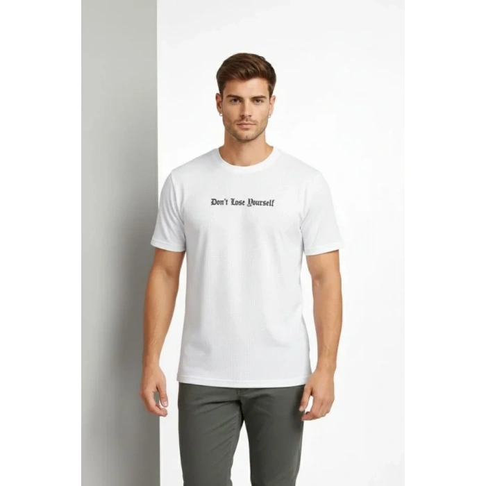 Erkek Wafıl Kumaş Tişört Regular Kalıp Bisiklet Yaka Baskılı Günlük Basic Thirt  Beyaz