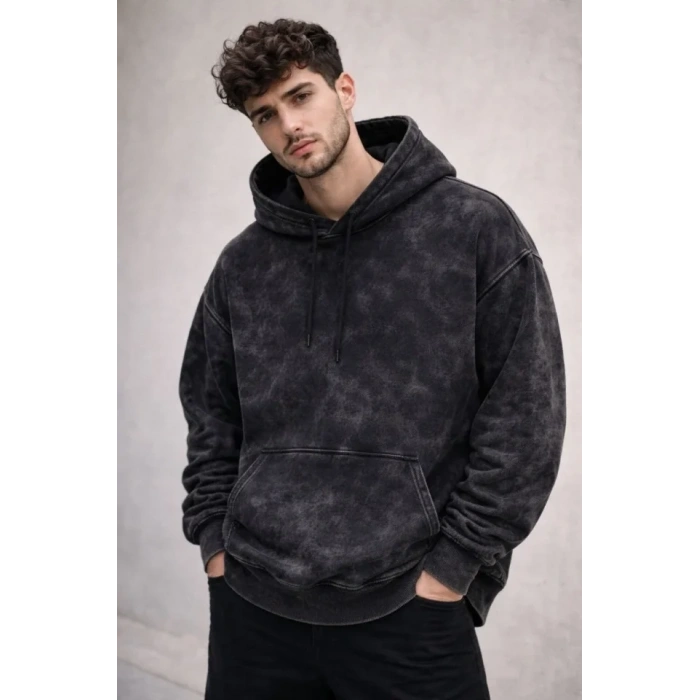 Erkek Yağ Yıkamalı Kapşonlu Double Oversize Üç İplik Pamuklu weatshirt  iyah