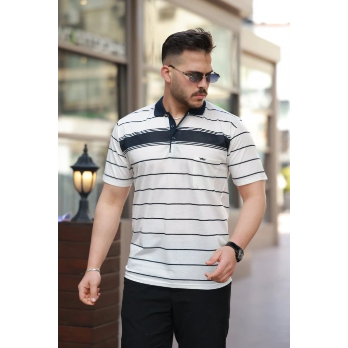 Erkek Yakalı çizgili Kısa Kollu Tshirt