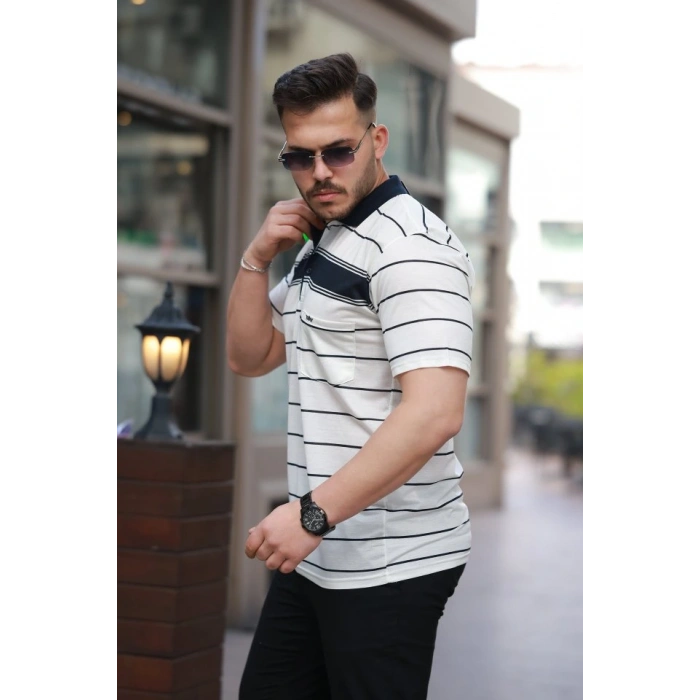 Erkek Yakalı çizgili Kısa Kollu Tshirt