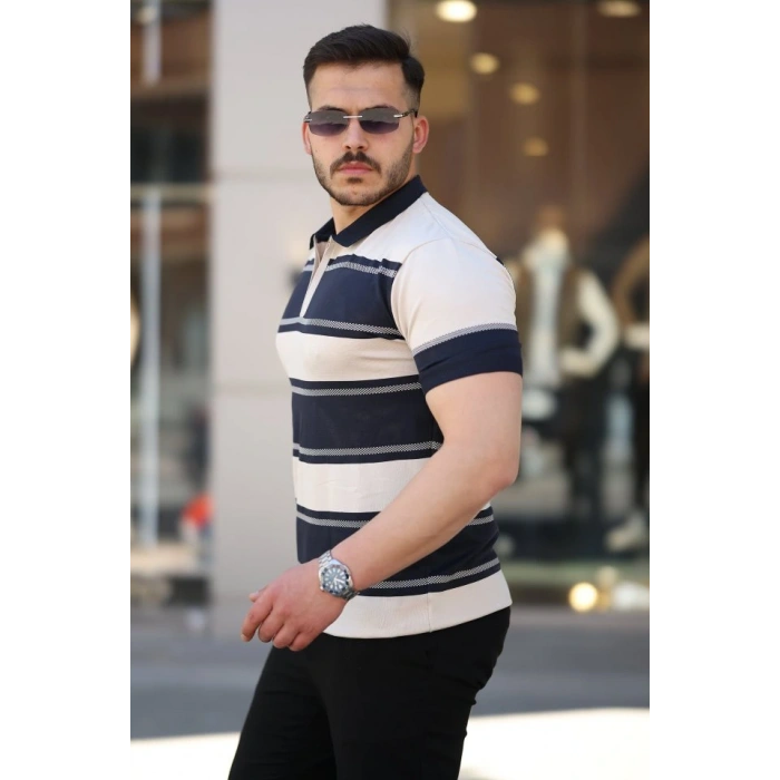 Erkek Yakalı Fermuarlı çift Renk Kısa Kollu Tshirt