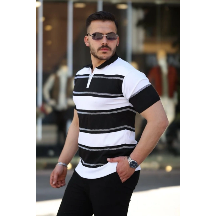 Erkek Yakalı Fermuarlı çift Renk Kısa Kollu Tshirt