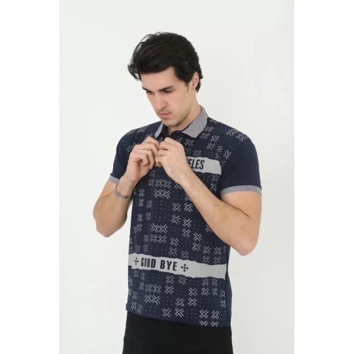 Erkek Yakalı lim Fit Baskılı Thirt  acivert