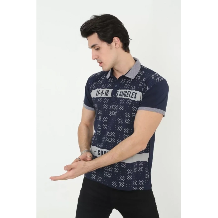 Erkek Yakalı lim Fit Baskılı Thirt  acivert