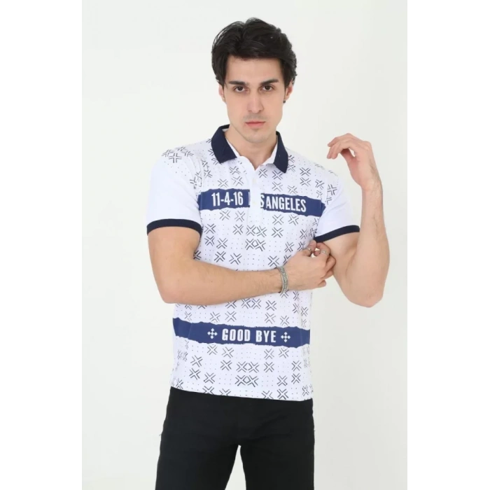 Erkek Yakalı lim Fit Baskılı Thirt  Beyaz