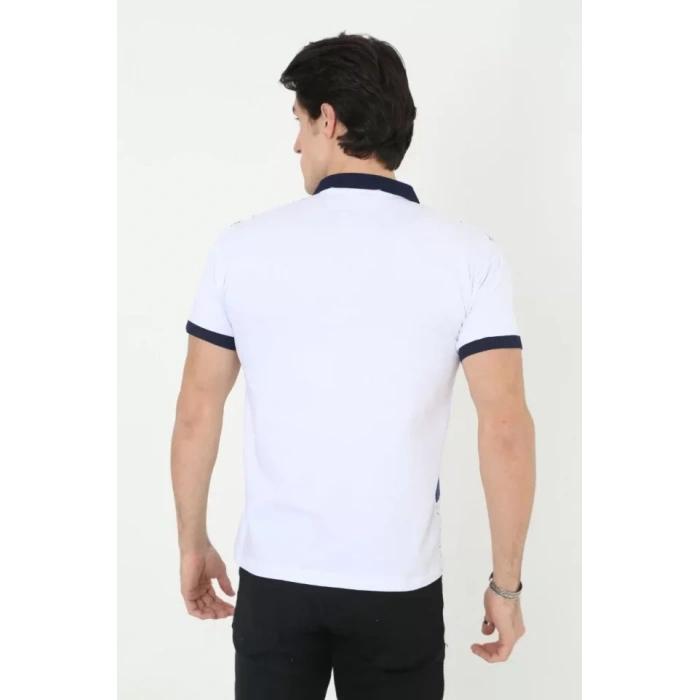 Erkek Yakalı lim Fit Baskılı Thirt  Beyaz