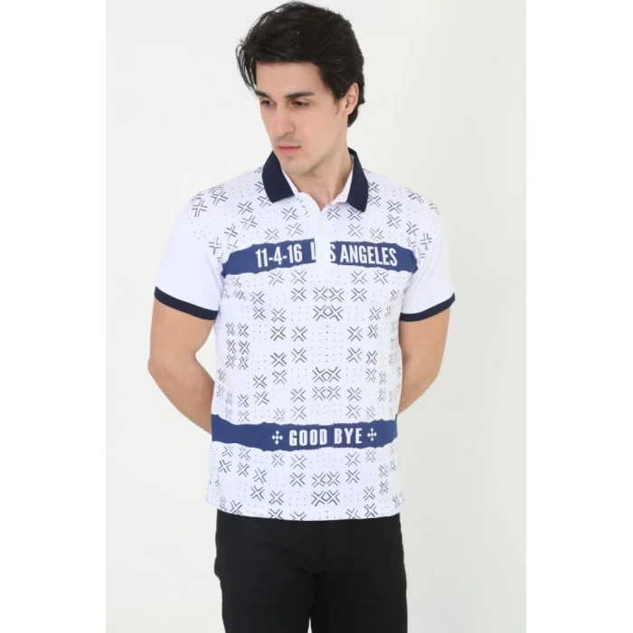 Erkek Yakalı lim Fit Baskılı Thirt  Beyaz