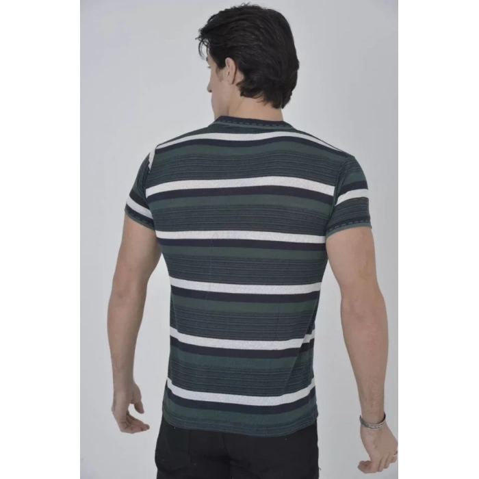 Erkek Yakalı lim Fit Dokuma Çizgili Thirt  Haki
