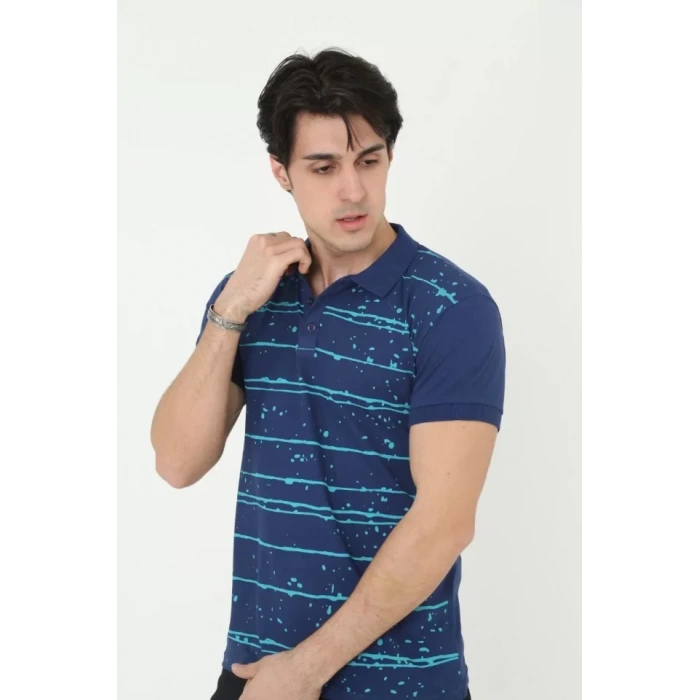 Erkek Yakalı lim Fit Pike Çizgili Thirt  avi