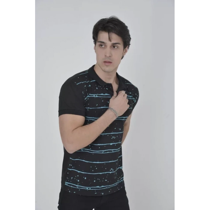 Erkek Yakalı lim Fit Pike Çizgili Thirt  iyah