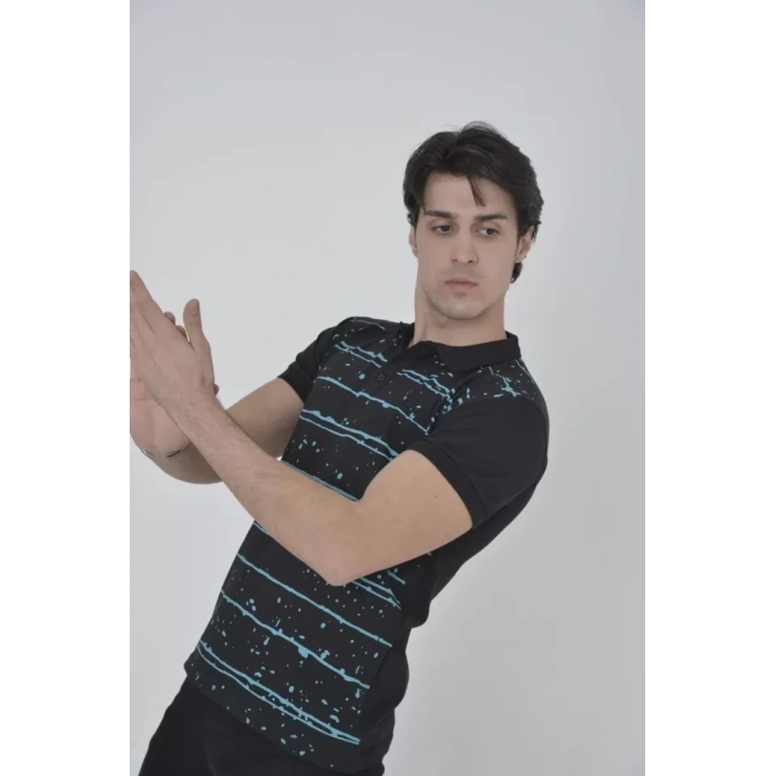 Erkek Yakalı lim Fit Pike Çizgili Thirt  iyah