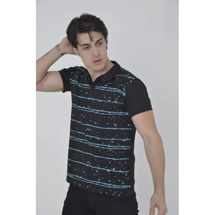 Erkek Yakalı lim Fit Pike Çizgili Thirt  iyah