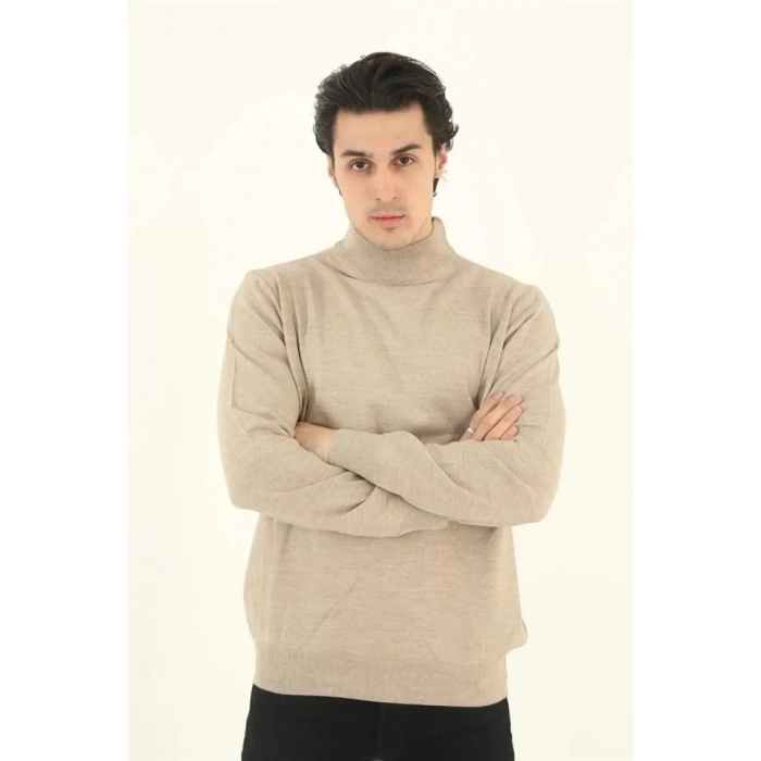 Erkek Yarım Balıkçı Yaka Triko Kazak  Bej