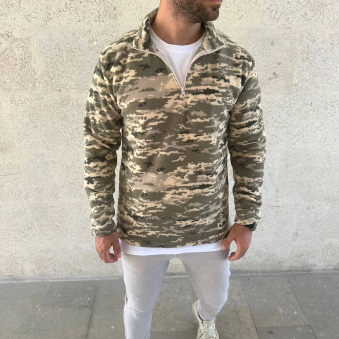 Erkek Yarım Fermuarlı Desenli Polar weat – Haki Kamuflaj Yakalı, Uzun Kollu, Oversize Rahat Kalıp  Haki