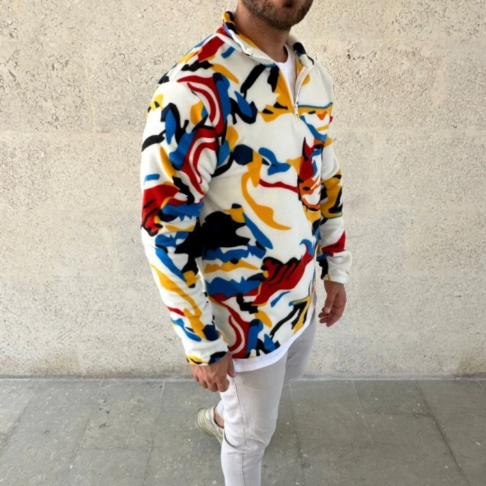 Erkek Yarım Fermuarlı Desenli Polar weat – Renkli Abstract Desen Yakalı, Uzun Kollu, Oversize Rahat Kalıp,   Beyaz