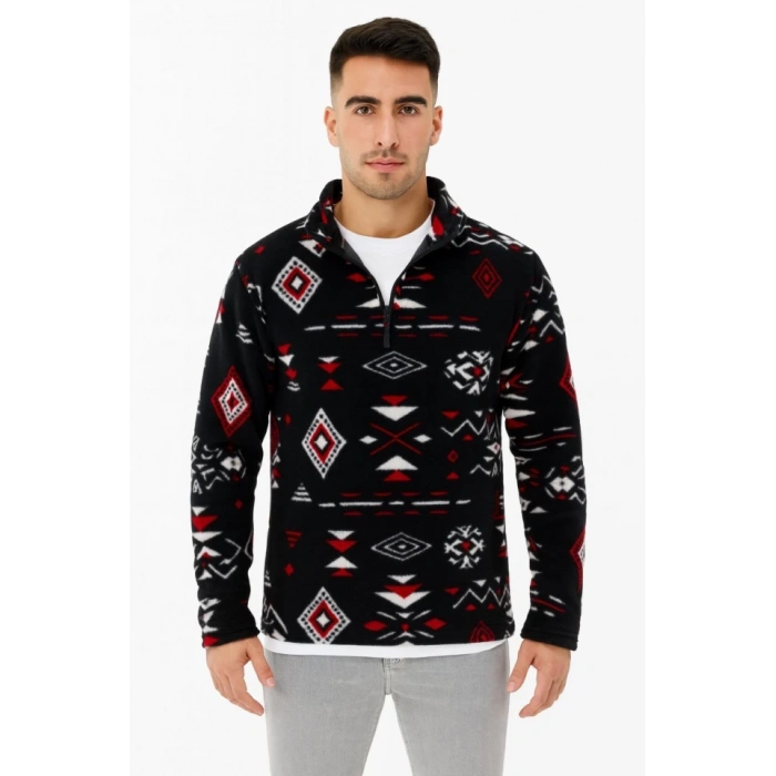 Erkek Yarım Fermuarlı Desenli Polar weat Tribal Etnik Desen Yakalı, Uzun Kollu, Oversize Rahat Kalıp,  iyah