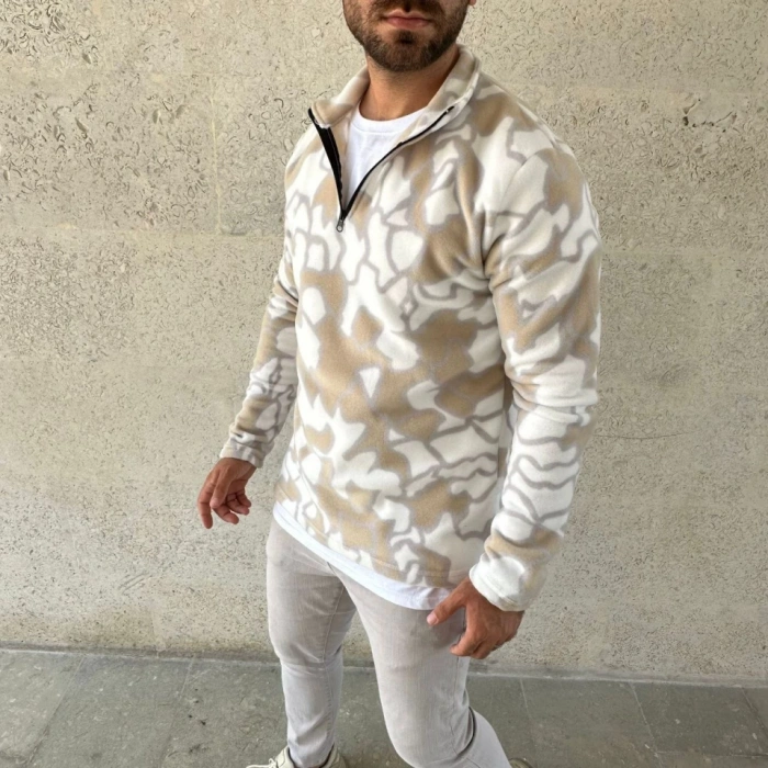 Erkek Yarım Fermuarlı Desenli Polar weat Yakalı, Uzun Kollu, Oversize Rahat Kalıp  Bej