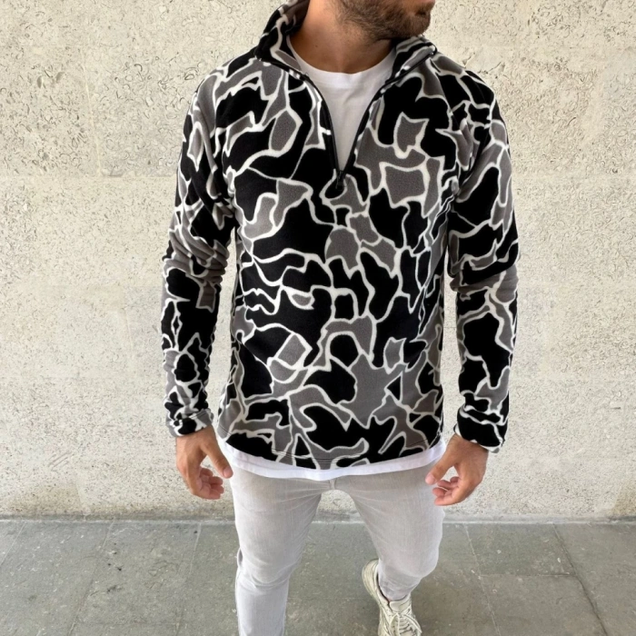 Erkek Yarım Fermuarlı Desenli Polar weat Yakalı, Uzun Kollu, Oversize Rahat Kalıp  iyah