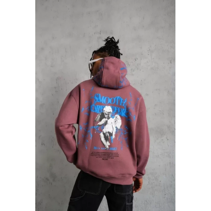 Erkek Yıldırım Baskılı Kapşonlu weat  Gül Kurusu