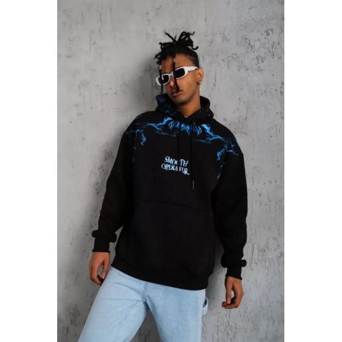 Erkek Yıldırım Baskılı Kapşonlu weat  iyah