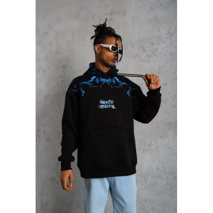 Erkek Yıldırım Baskılı Kapşonlu weat  iyah