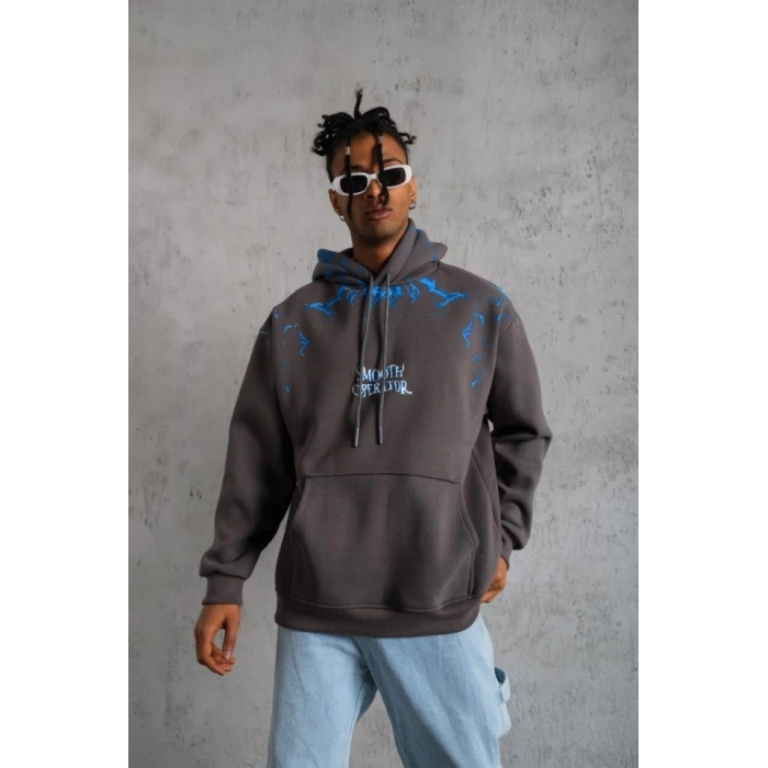 Erkek Yıldırım Baskılı Kapşonlu weatshirt  Gri