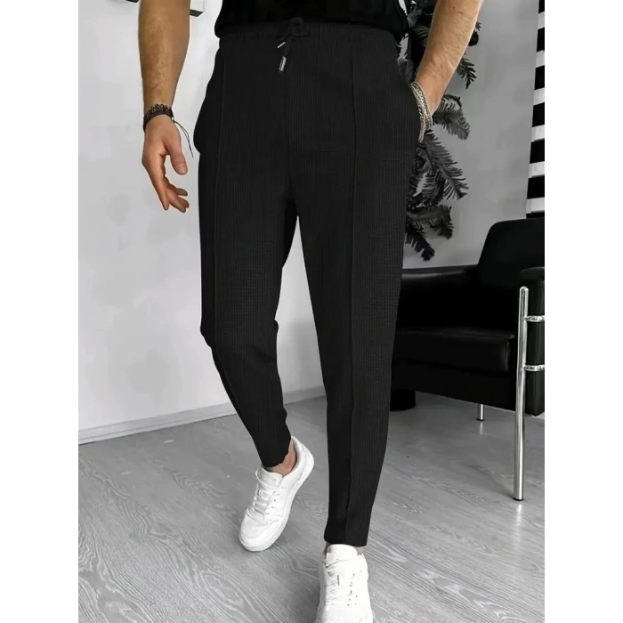 Erkek Yüksek Bel önden Bağcıklı Cepli Waffle Pantolon