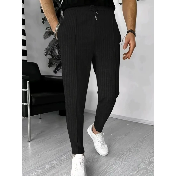 Erkek Yüksek Bel önden Bağcıklı Cepli Waffle Pantolon