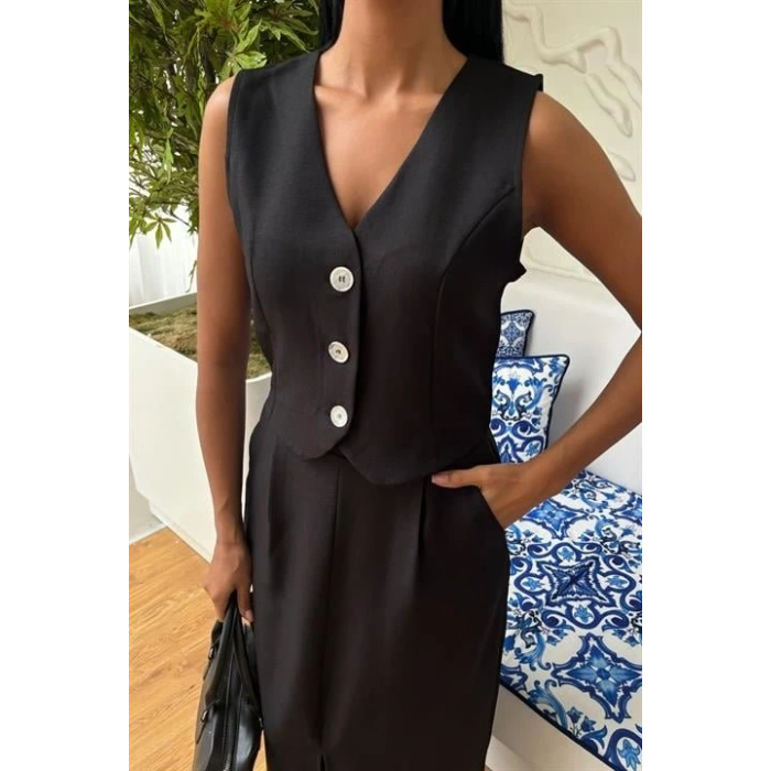 Etek Yırtmaçlı Yelekli Keten Takım 10131