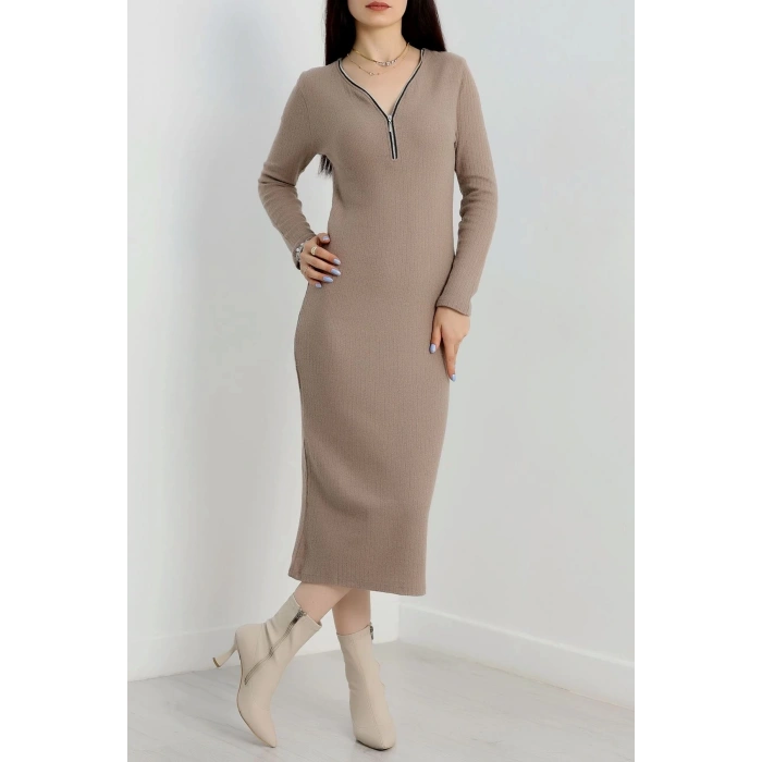 Fermuar detaylı fitilli şardonlu elbise bej a3178