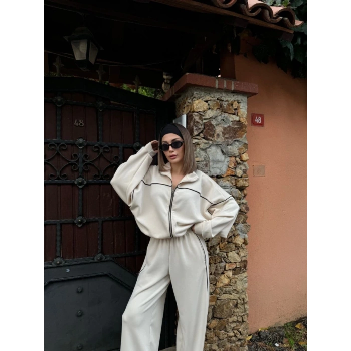 Fermuarlı Eşofman Pantolon İkili Takım  Beyaz