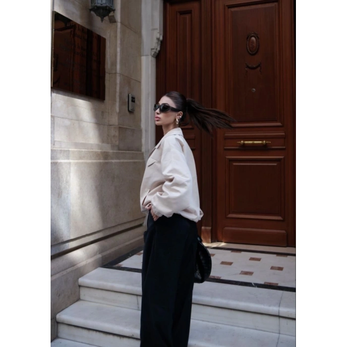 Fermuarlı Gömlek Yaka Bomber Ceket  Beyaz