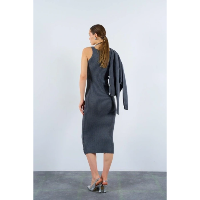 Fitilli Elbise Hırkalı Takım  Füme