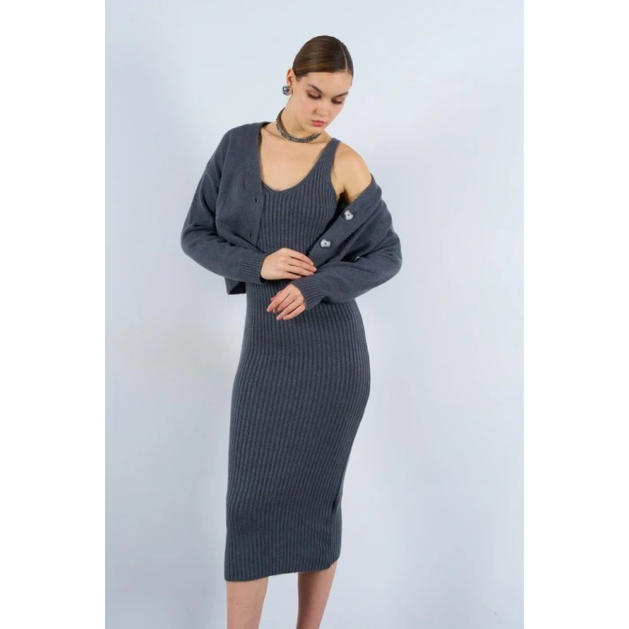 Fitilli Elbise Hırkalı Takım  Füme