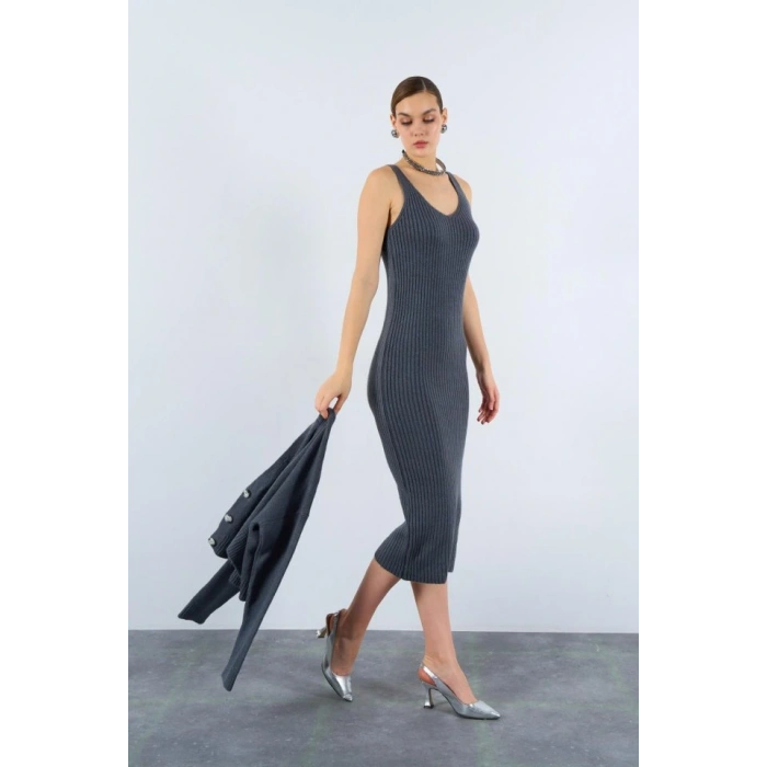 Fitilli Elbise Hırkalı Takım  Füme