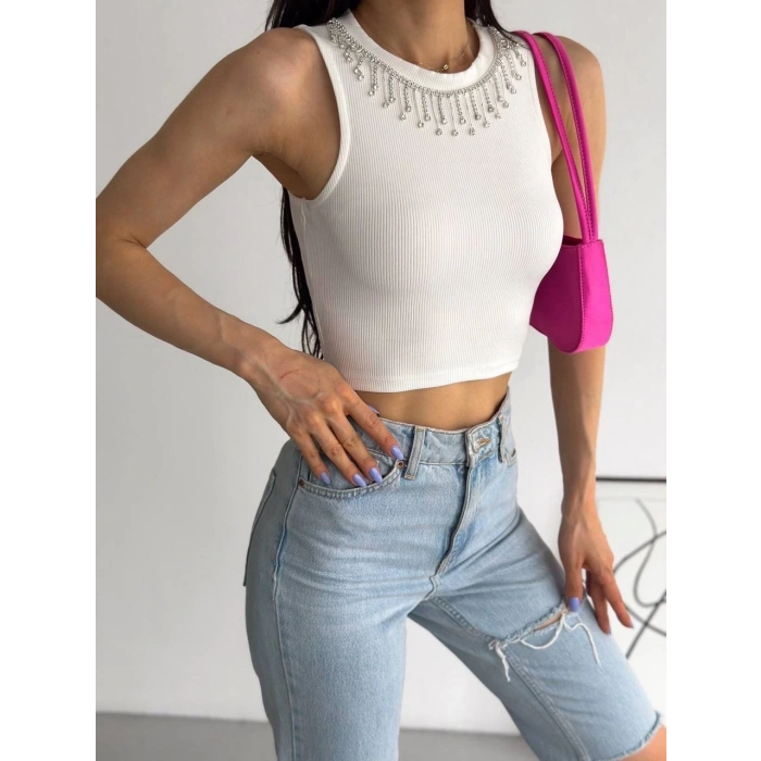 fitilli kaşkorse yakası zincirli atlet beyaz